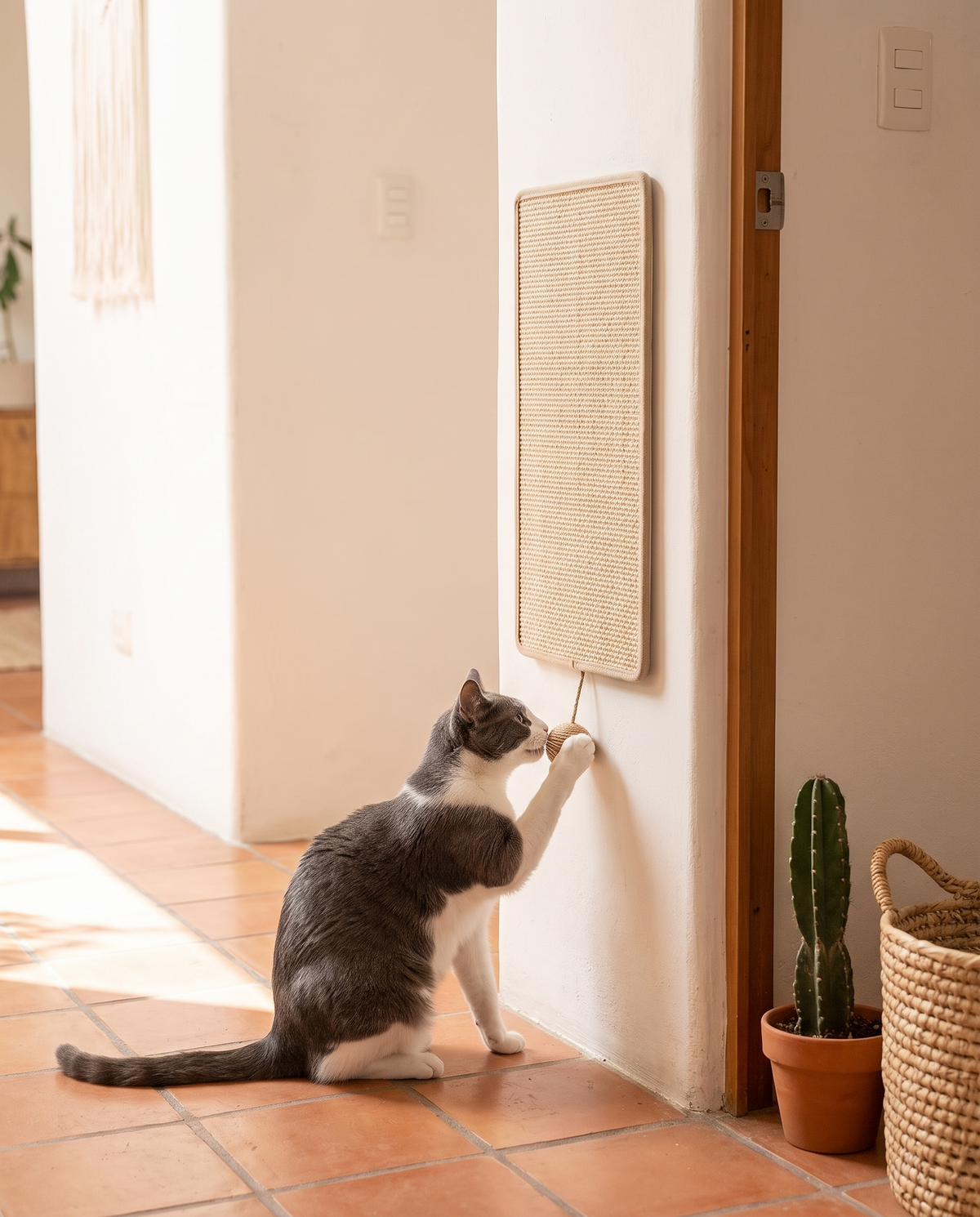 Gato jugando con la bolita colgante del tapete de sisal en la pared