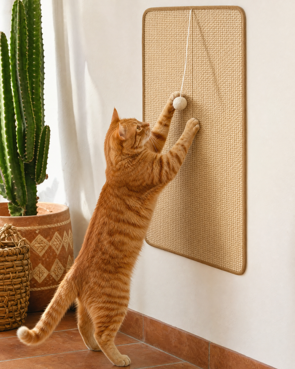 Tapete de sisal grande (30 × 60 cm) pegado plano en la pared, con su bolita colgante y un gato jugando