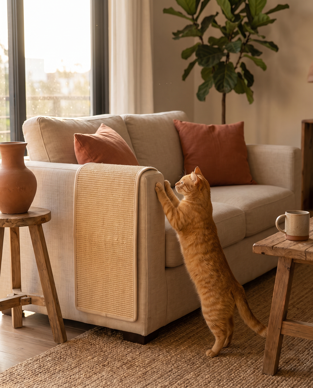 Gato rascando el tablero de sisal en el sillón