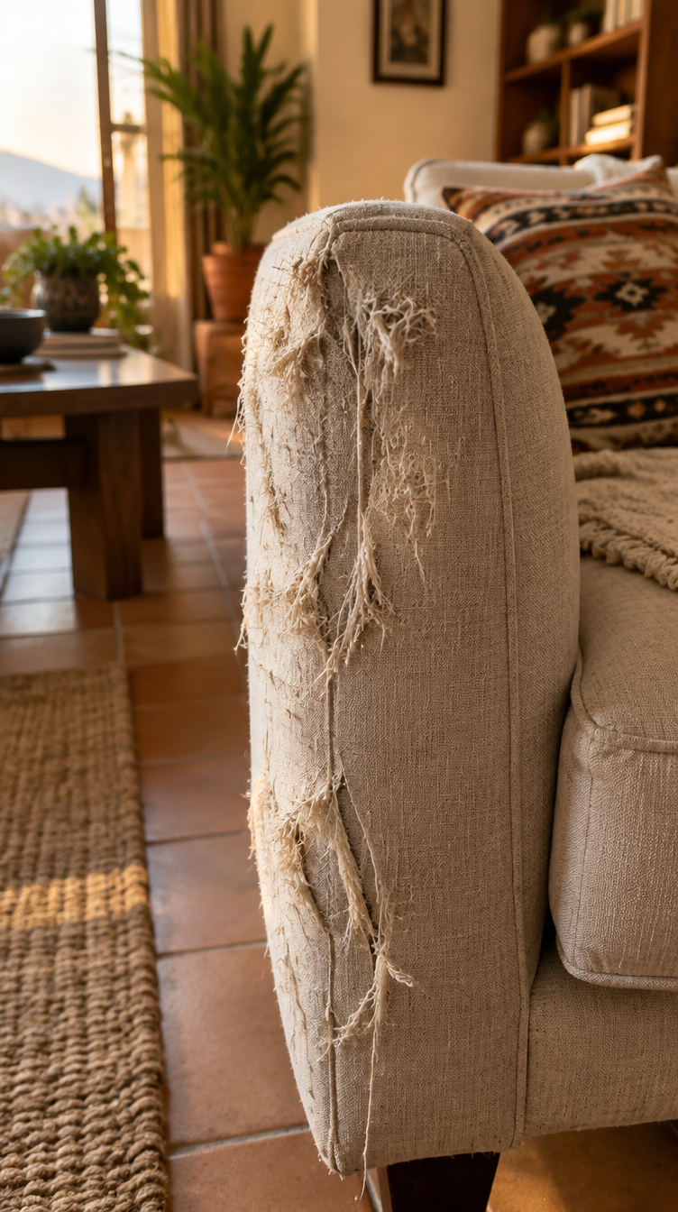 Brazo de sillón destrozado por rasguños de gato